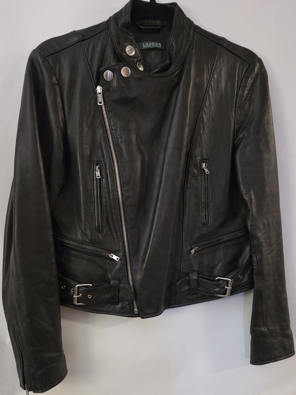 Ralph Lauren Black Leather Moto Jacket with Silver Hardware